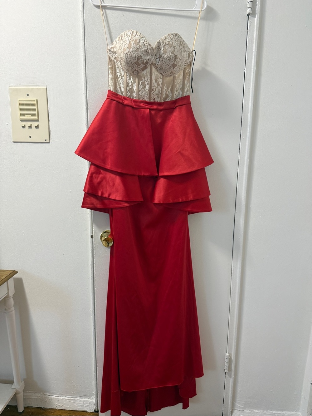 Strapless Lace Bodice Red Cascade Peplum Gown